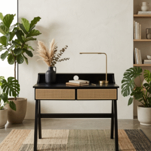 Natural Wood Study Table with Cane Drawer Front