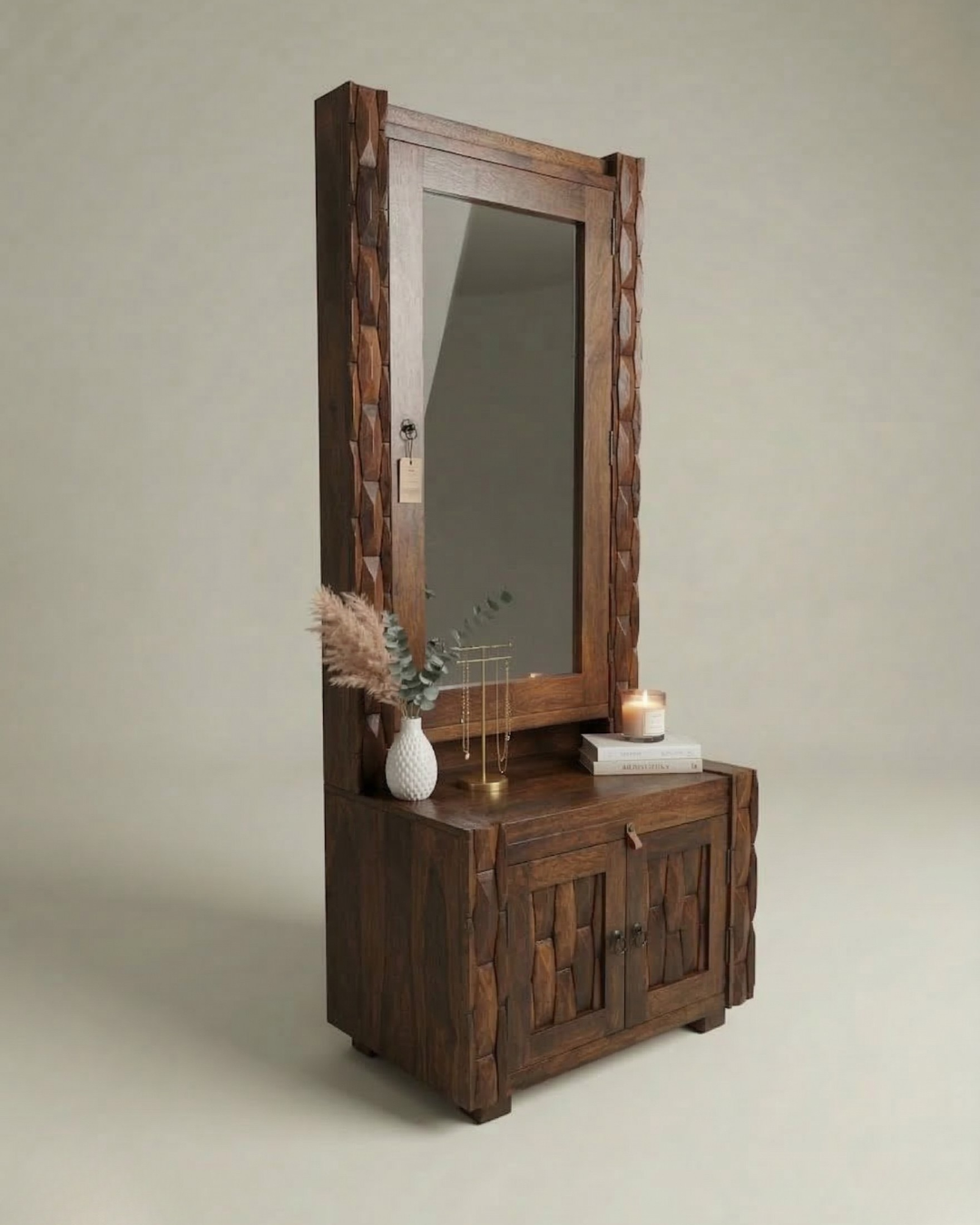 Natural Wood Compact Dressing Table with Mirror and Storage Cabinet